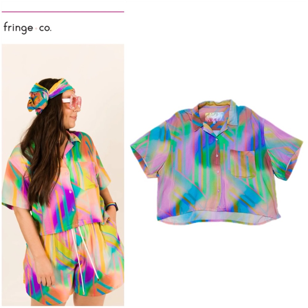 fringe + co NOLA Rainbow BADDIE Shirt Boxy Cropped Button Up Short Sleeve Top